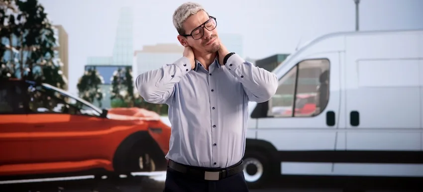 A middle-aged man with short white hair and black rectangular glasses wearing a light blue dress shirt and dark pants stands outdoors with both hands raised and pressed against the sides of his neck- his eyes closed and his expression tense with visible pain suggesting a whiplash or cervical spine injury with a bright orange SUV with its hood raised and a large white cargo van both blurred in the background alongside green trees and modern building facades — depicting the type of injury sustained in a two-vehicle collision that forms the basis of a car accident case in South Carolina.