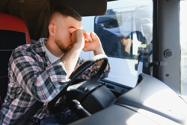 An exhausted truck driver shows that fatigue is a common cause of semi-truck accidents.